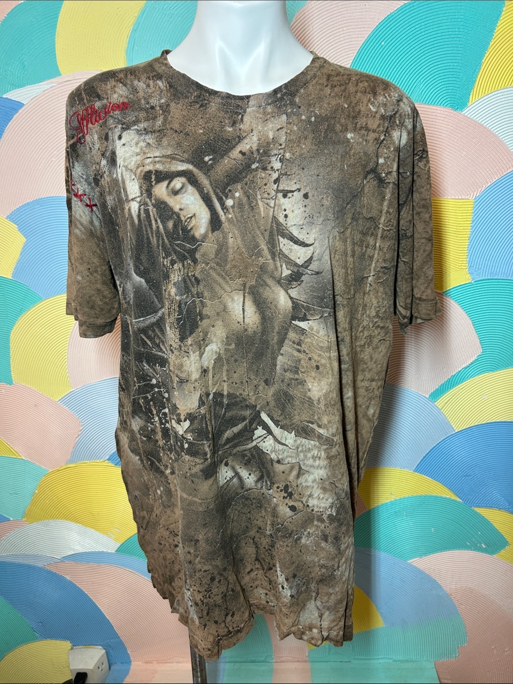 Affliction Bamboo Brown Graphic Men’s Short Sleeve T-Shirt Distressed Art sz 2XL